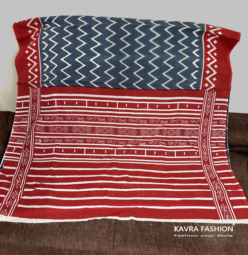 Grey Hand Printed Mulmul Saree with Red Border