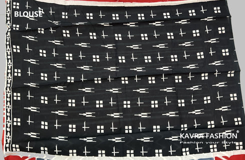 Grey Hand Printed Mulmul Saree with Red Border