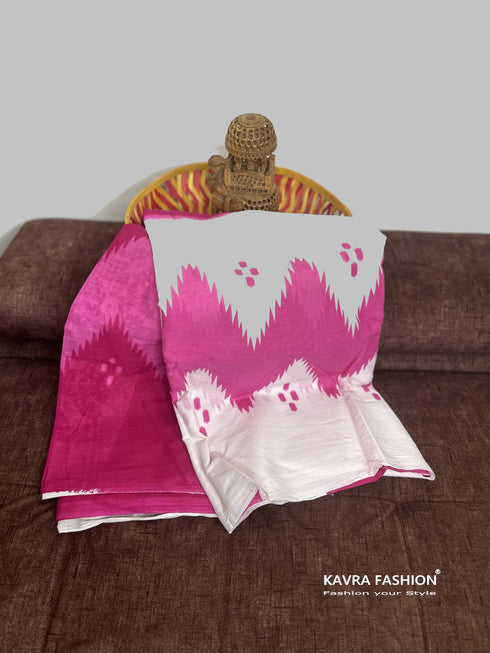 Pink Hand Printed Mulmul Saree with White Border
