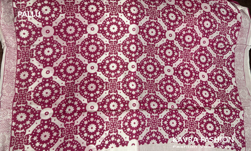 Pink Hand Printed Mulmul Saree with White Border