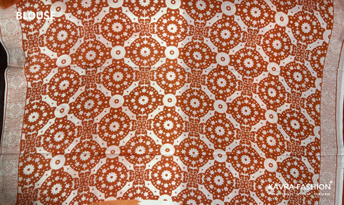 Orange Hand Block Printed Mulmul Saree with White Border