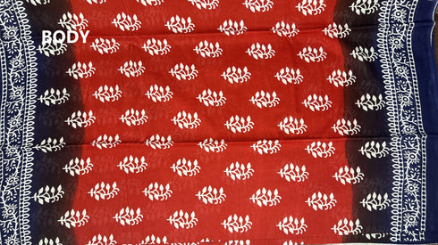 Maroon Red Hand Block Printed Mulmul Saree Blue Border