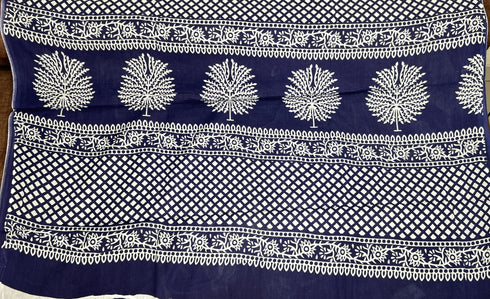 Maroon Red Hand Block Printed Mulmul Saree Blue Border