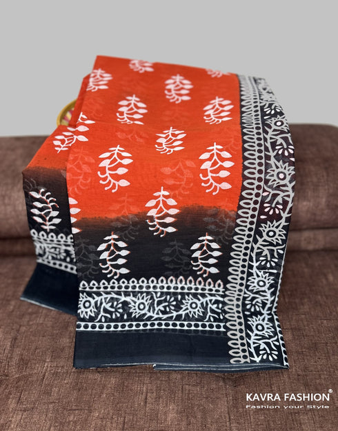 Red Hand Block Printed Mulmul Saree Black Border
