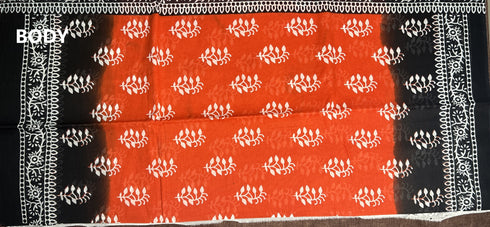 Red Hand Block Printed Mulmul Saree Black Border