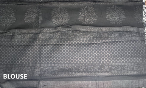 Red Hand Block Printed Mulmul Saree Black Border