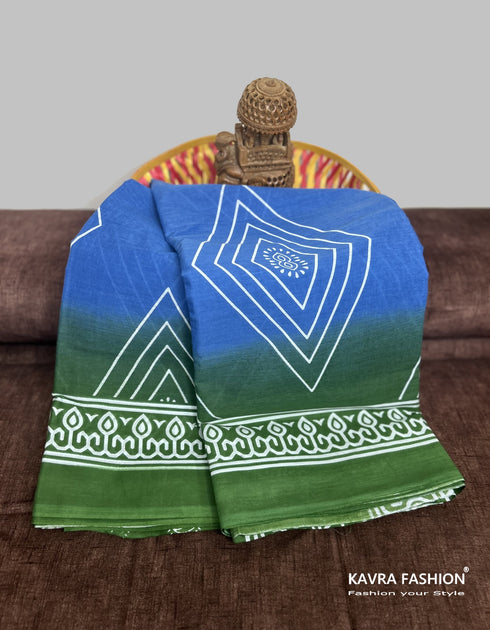 Blue and Green Geometric Print Mulmul Saree