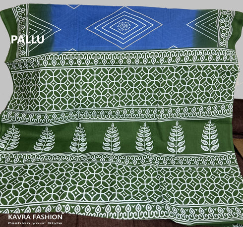 Blue and Green Geometric Print Mulmul Saree