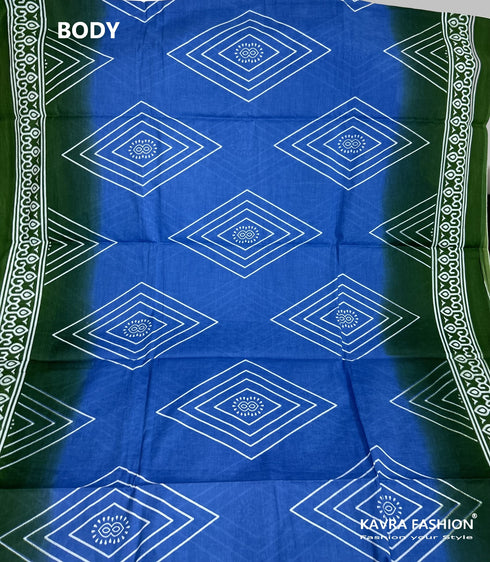 Blue and Green Geometric Print Mulmul Saree