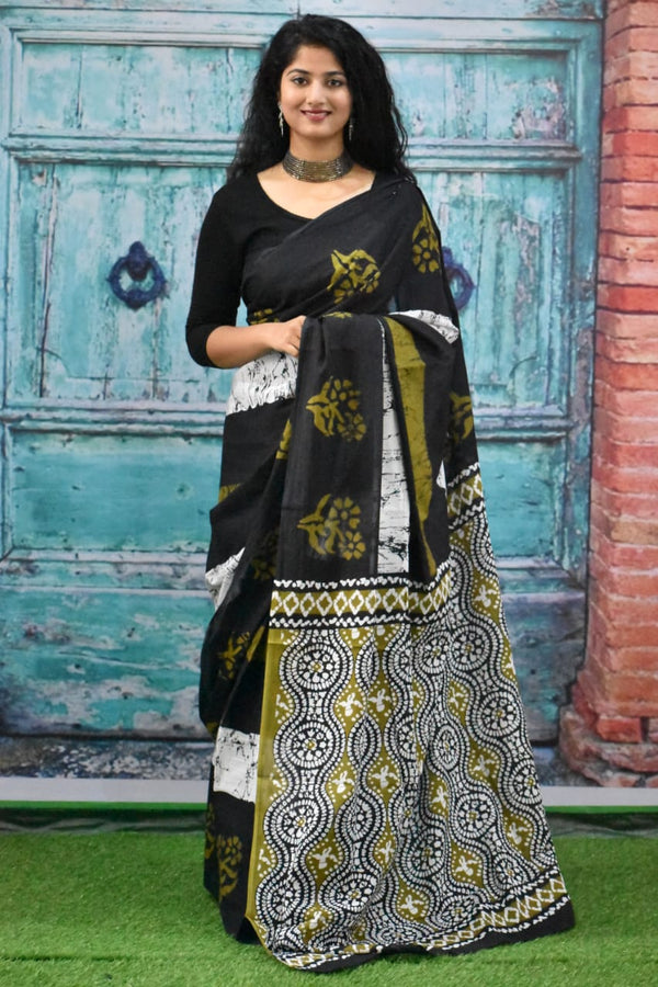 Black Hand Printed Mulmul Saree Black Green White Border