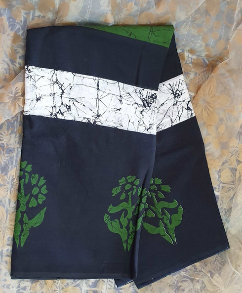 Black Hand Printed Mulmul Saree Black Green White Border