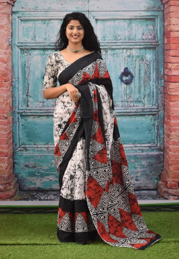 Black Hand Printed Red Geometric Print Mulmul Saree