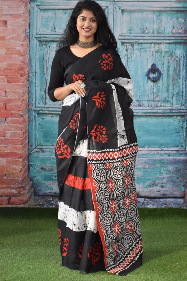 Black Hand Printed Mulmul Saree Black Red White Border