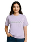 Person wearing a light purple t-shirt with 'BINGO' printed on it, standing against a lavender background.