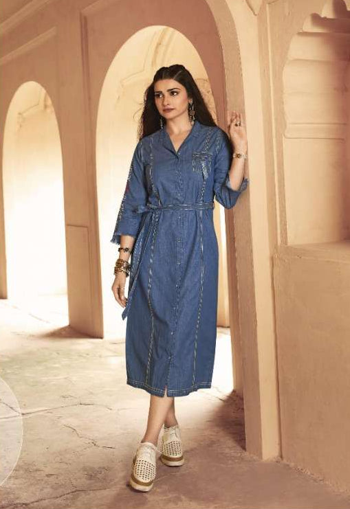 Readymade Blue 100% Denim Front Open Kurti with Denim Belt