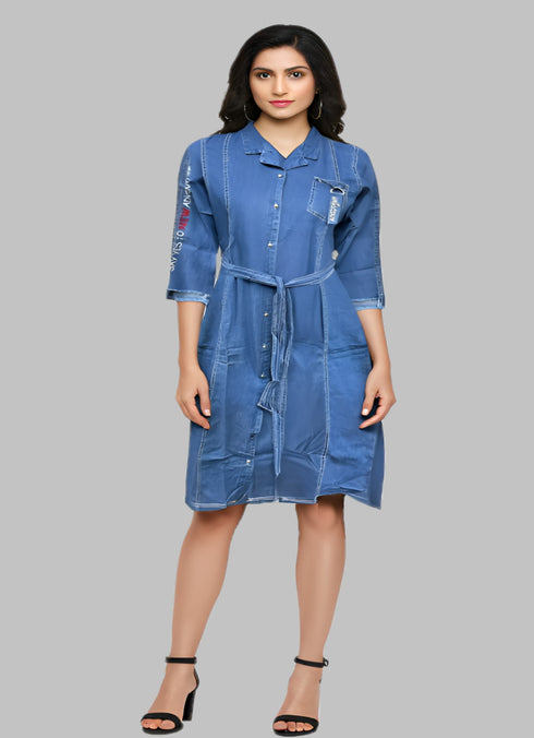 Readymade Blue 100% Denim Front Open Kurti with Denim Belt