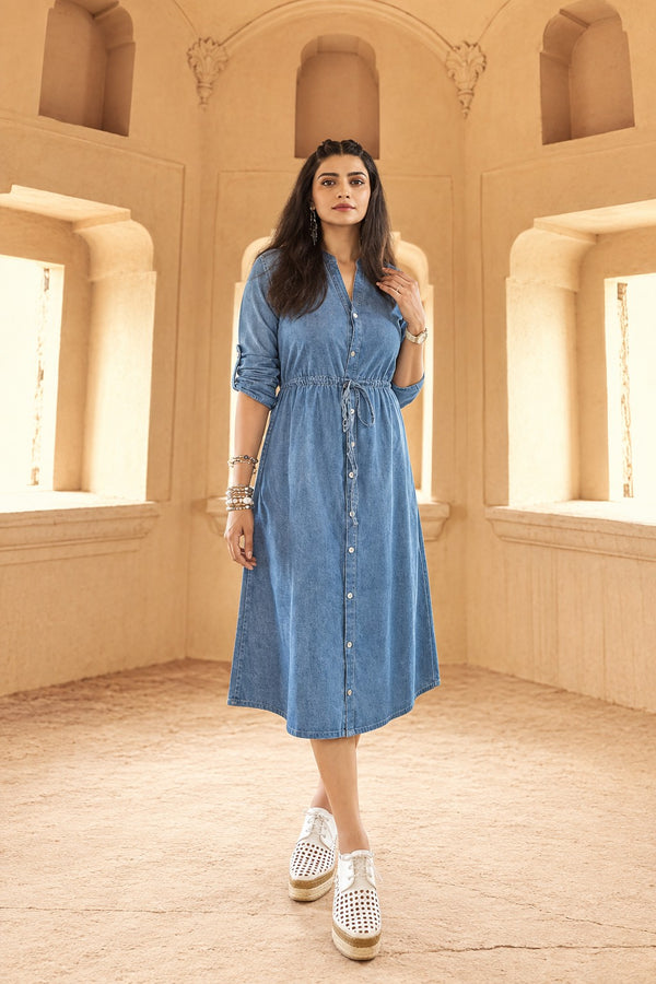 Readymade Blue 100% Denim Knee Length Front Open Flared Kurti