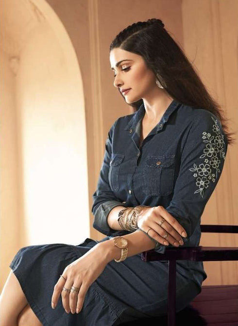 Readymade Greyish Blue100% Denim Knee Length Kurti