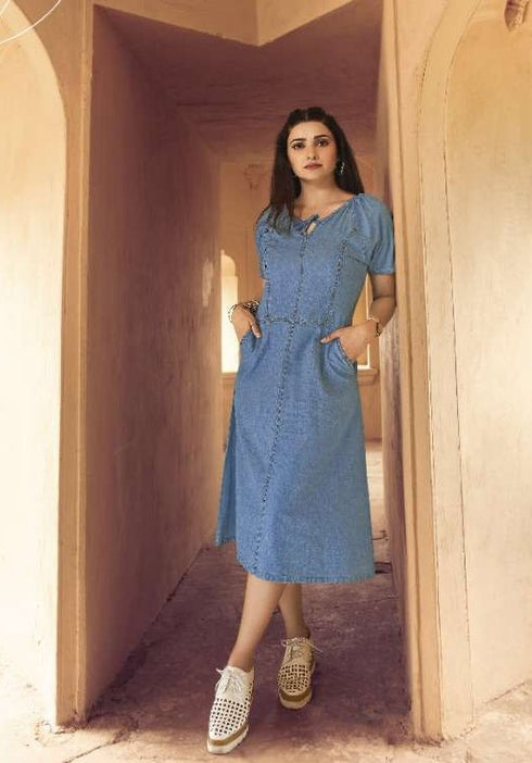 Readymade Blue 100% Denim Knee Length Kurti