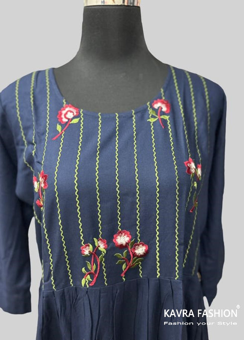 Dark Blue Heavy Rayon Embroidered Long Anarkali Kurti