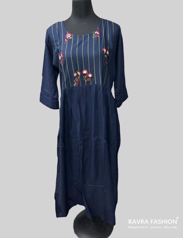 Dark Blue Heavy Rayon Embroidered Long Anarkali Kurti