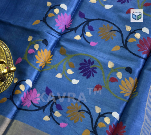 Turquoise Pure Kosa Silk Saree with Golden Zari Border and Hand Woven Pallu with Floral Motifs