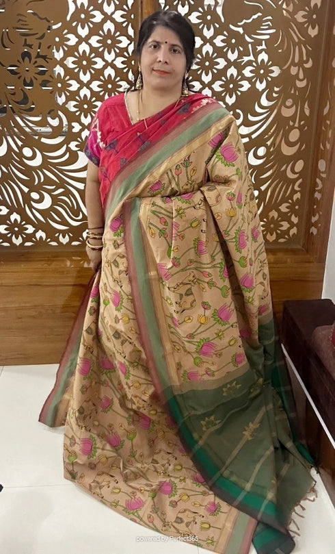 Beige Semi Kanchi Cotton Kalamkari Hand Paint Handloom Saree with Contrast Pallu and Border