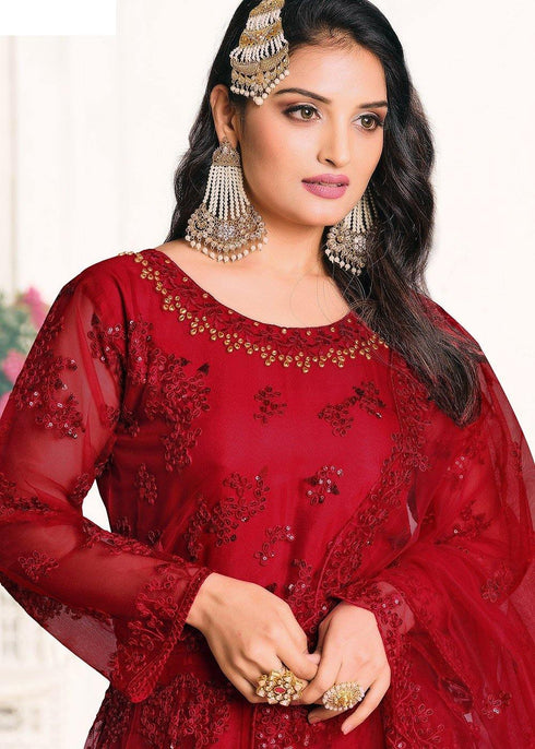 Red Net Designer Anarkali Suit