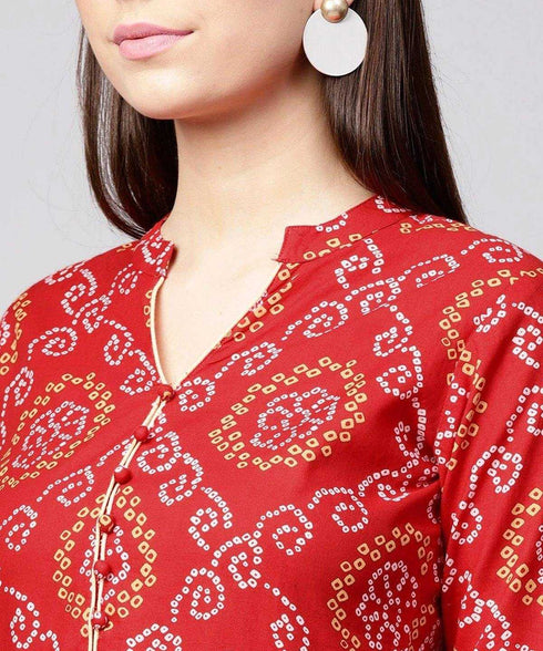 Red Cotton Bandhani Anarkali Kurta