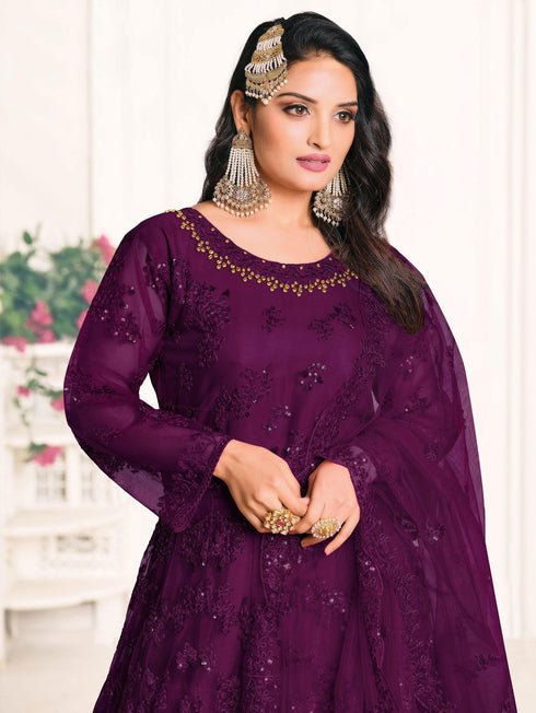 Purple Net Designer Anarkali Suit