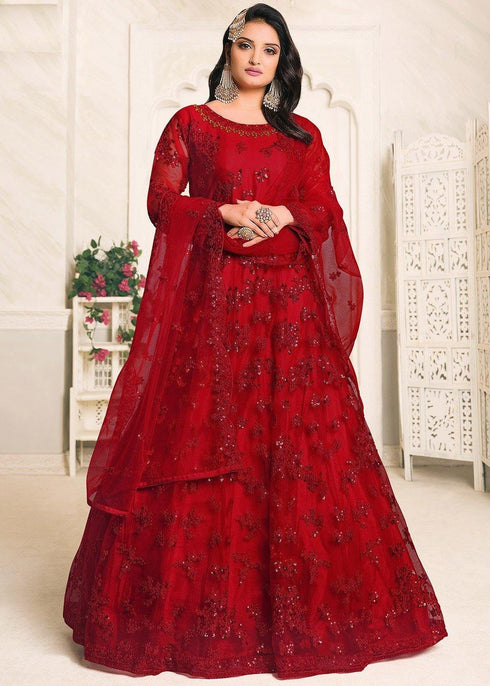 Red Net Designer Anarkali Suit