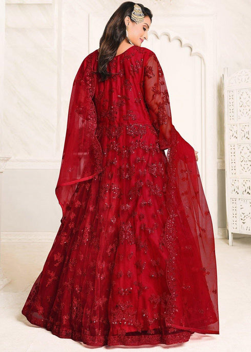 Red Net Designer Anarkali Suit