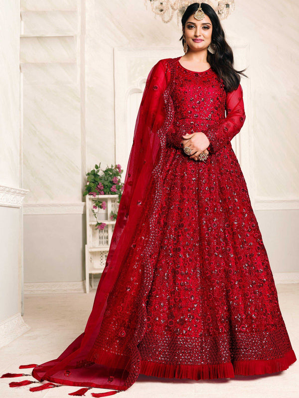 Red Net Designer Anarkali Suit
