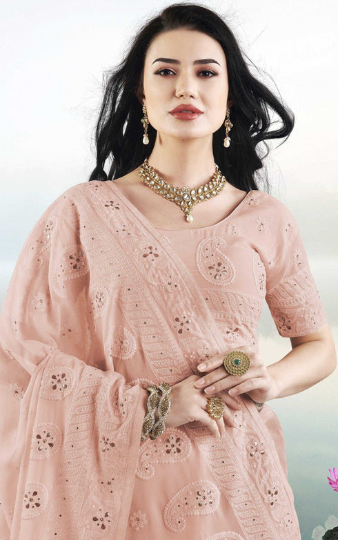 Pink coloured Georgette Saree with Lakhnavi Work Border