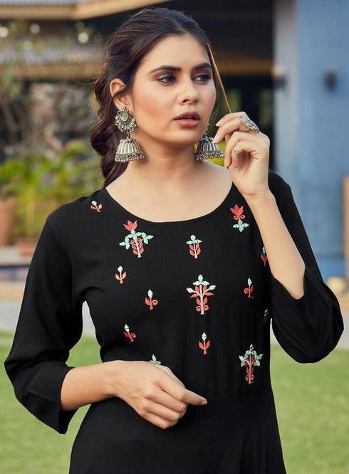 Black Heavy Rayon Embroidered Long Anarkali Kurti