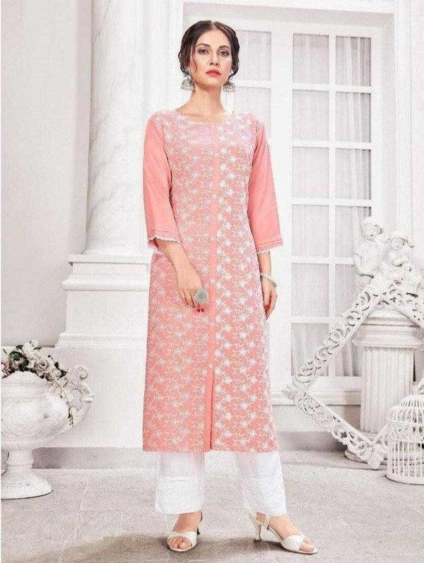 Peach Rayon Lakhnavi Kurti with White Pants