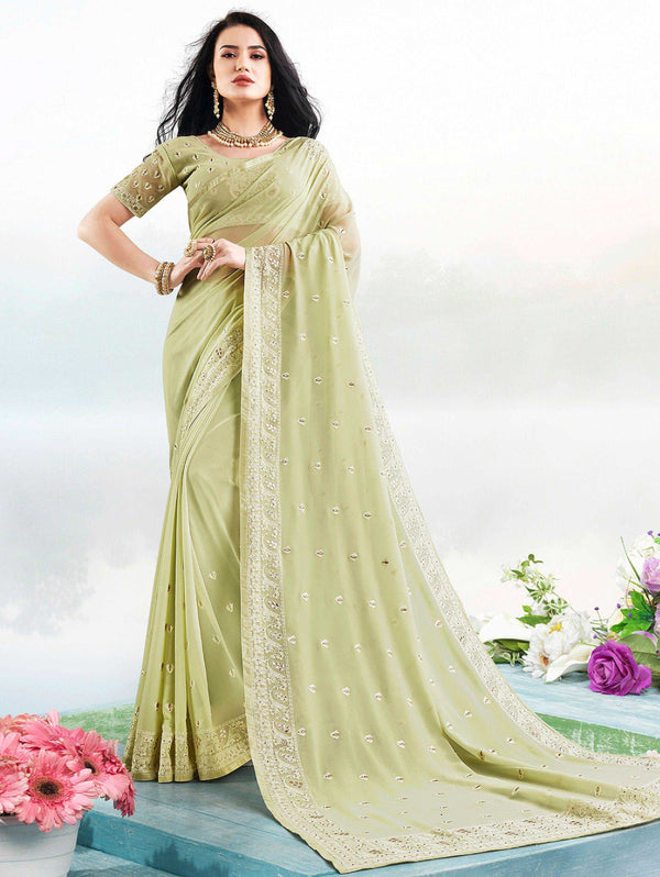 Green coloured Georgette Saree with Lakhnavi Work Border