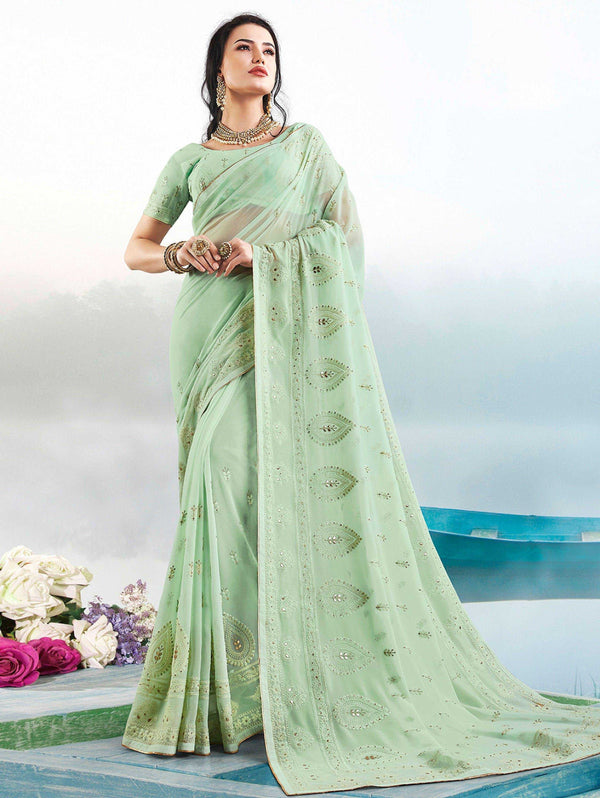 Light green coloured Georgette Saree with Lakhnavi Work Border