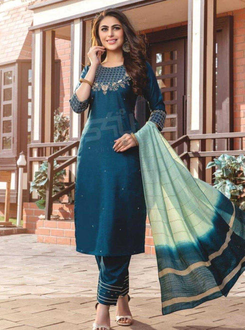 Teal Silk Kurta Pant with Banarasi Dupatta