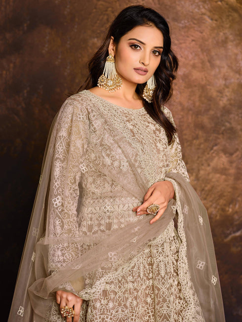 Beige Net Designer Anarkali Suit