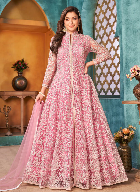 Pink Designer Floor Length Cord Sequins Net Salwar Suit