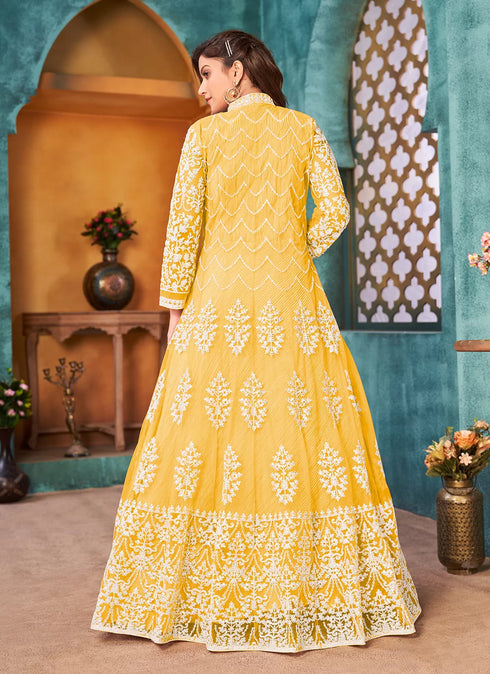 Yellow Designer Floor Length Cord Sequins Net Salwar Suit