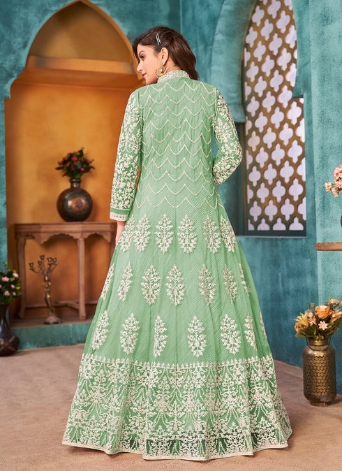 Green Designer Floor Length Cord Sequins Net Salwar Suit