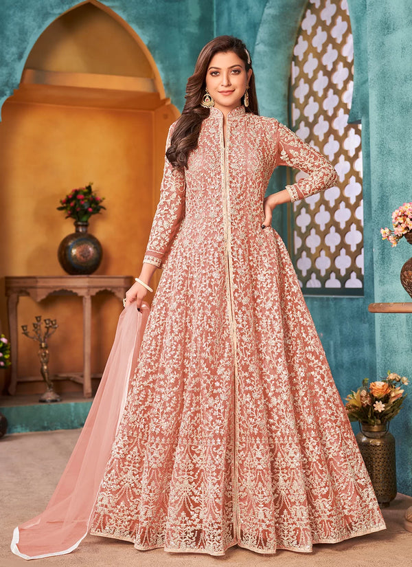 Peach Designer Floor Length Cord Sequins Net Salwar Suit