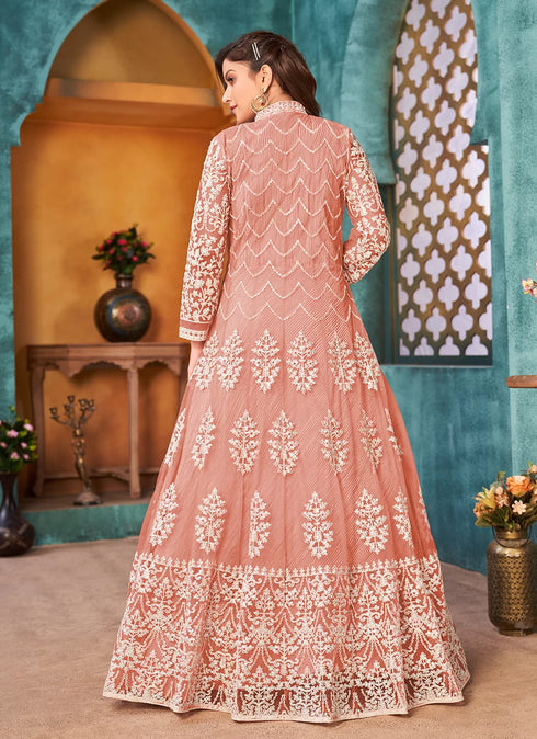 Peach Designer Floor Length Cord Sequins Net Salwar Suit