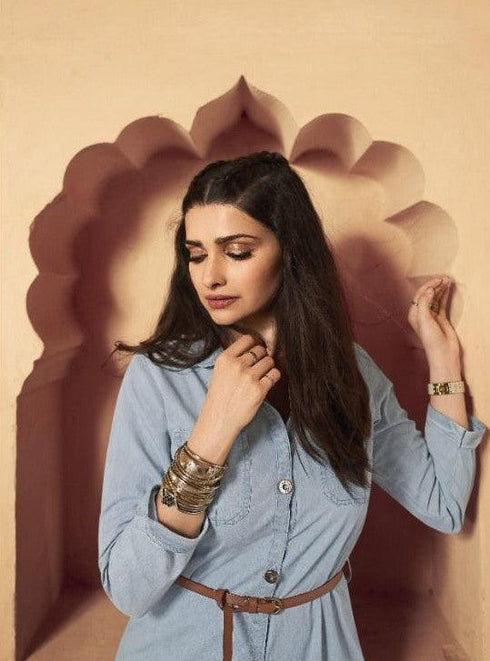 Readymade Blue 100% Denim Knee Length Front Open Flared Kurti