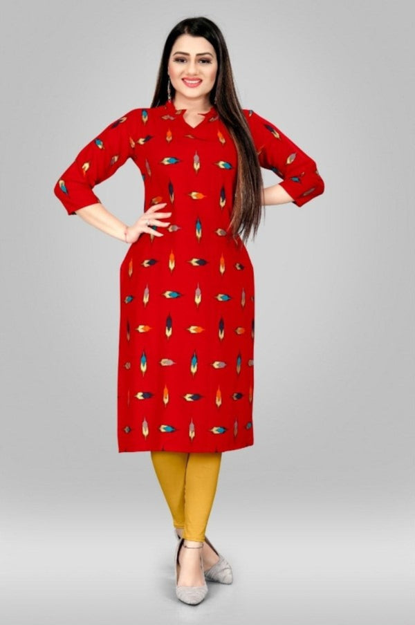 Red Foil Printed Straight Cut Rayon Kurti