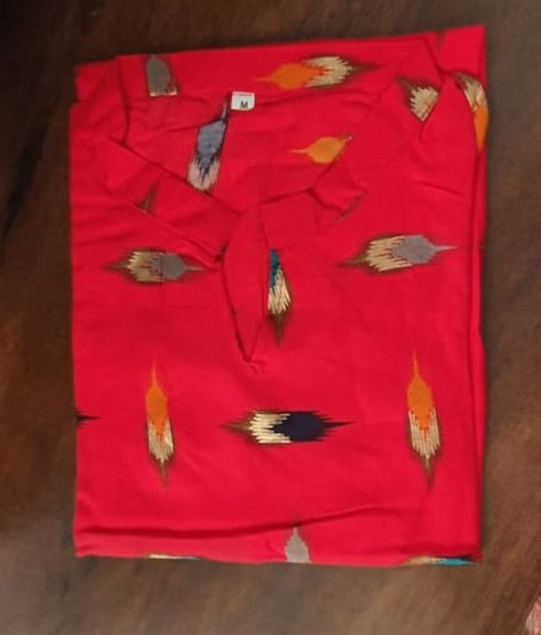 Red Foil Printed Straight Cut Rayon Kurti