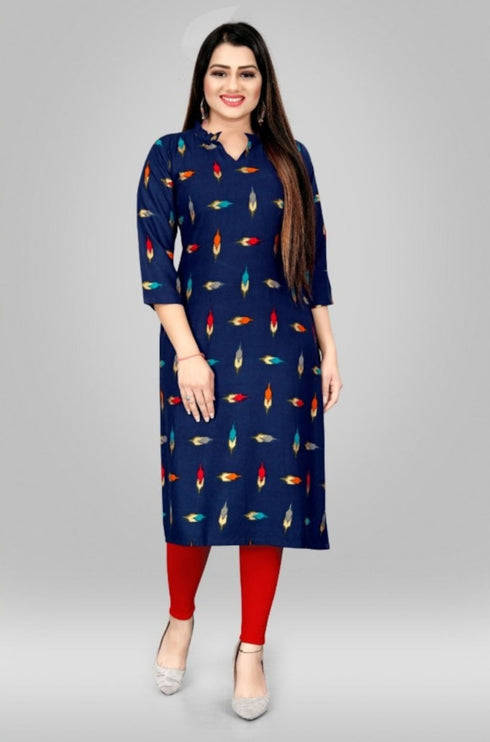 Navy Blue Foil Printed Straight Cut Rayon Kurti