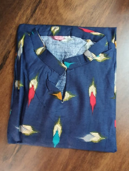 Navy Blue Foil Printed Straight Cut Rayon Kurti